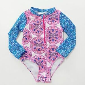 Girls Boho Mandala Rash Guard Swimsuit One Piece Zip Front Long Sleeve Size 24m